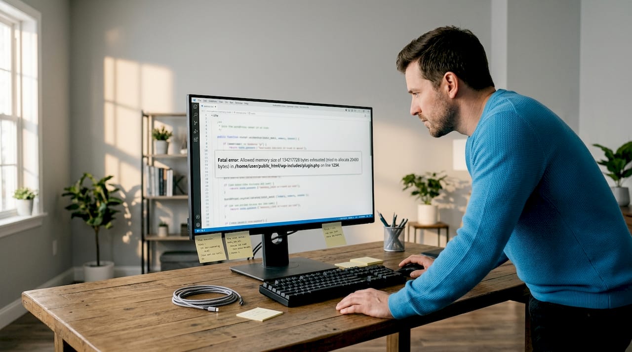 Close-up of monitor showing WordPress memory error code
