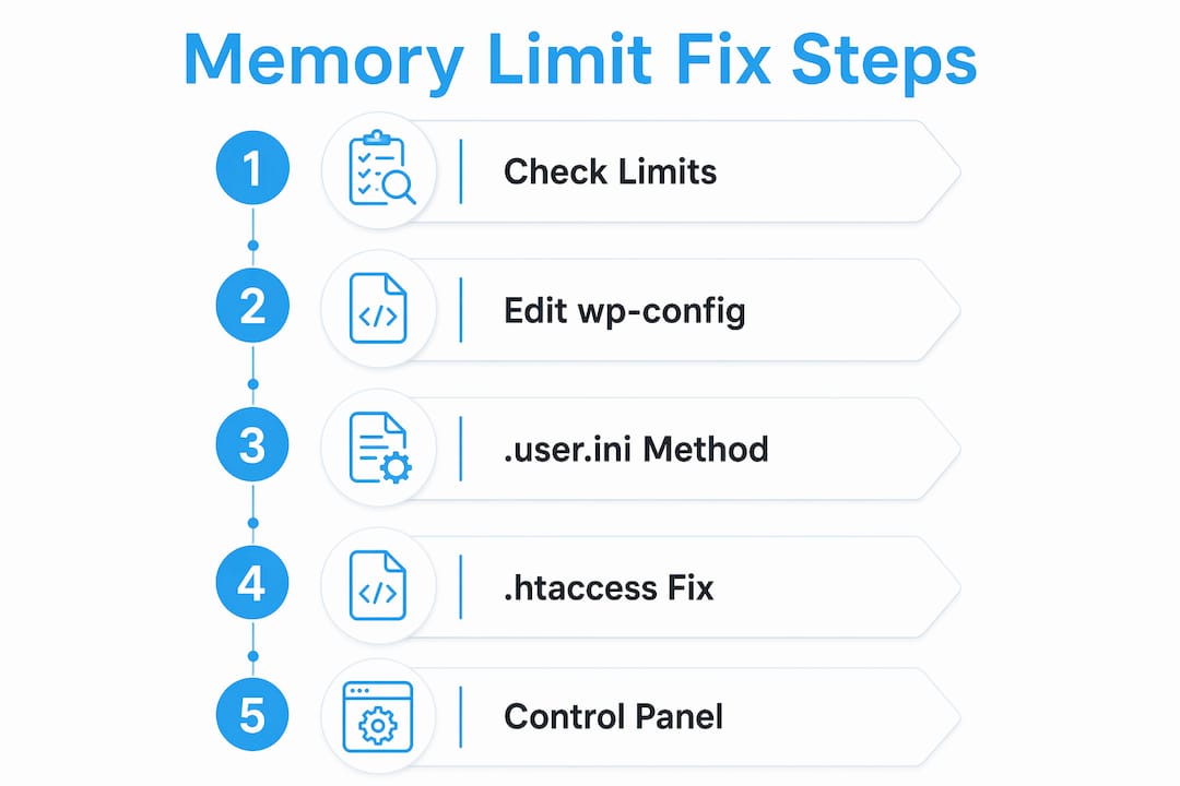 Infographic showing step-by-step WordPress memory limit fixes