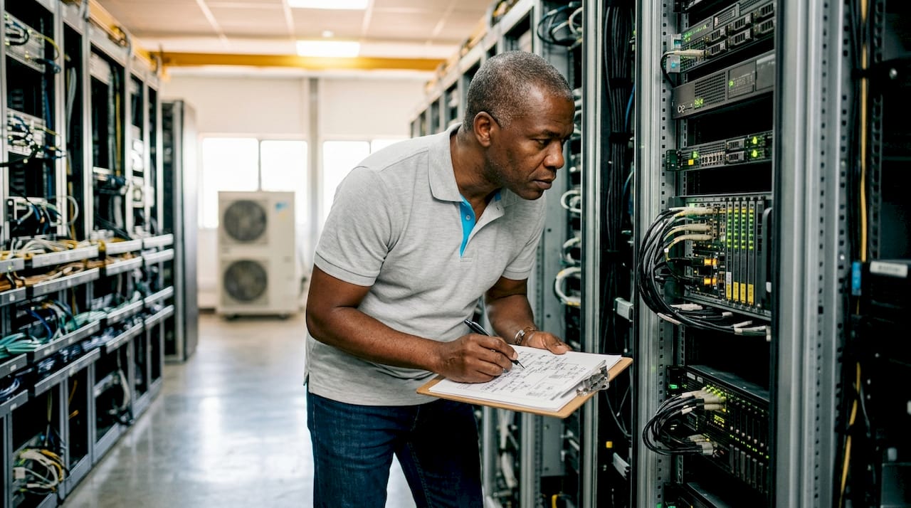Technician inspecting server racks in data center