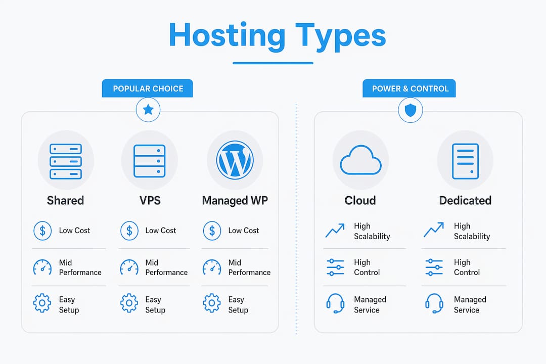Infographic comparing web hosting types and features