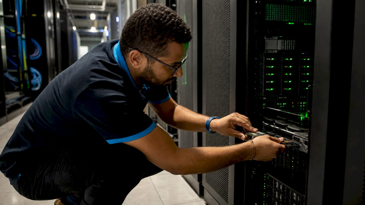 Technician handling shared hosting server hardware