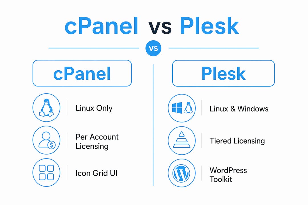 Infographic comparing cPanel and Plesk features side-by-side