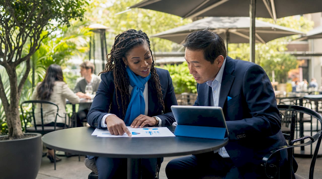Business professionals discuss eco hosting performance