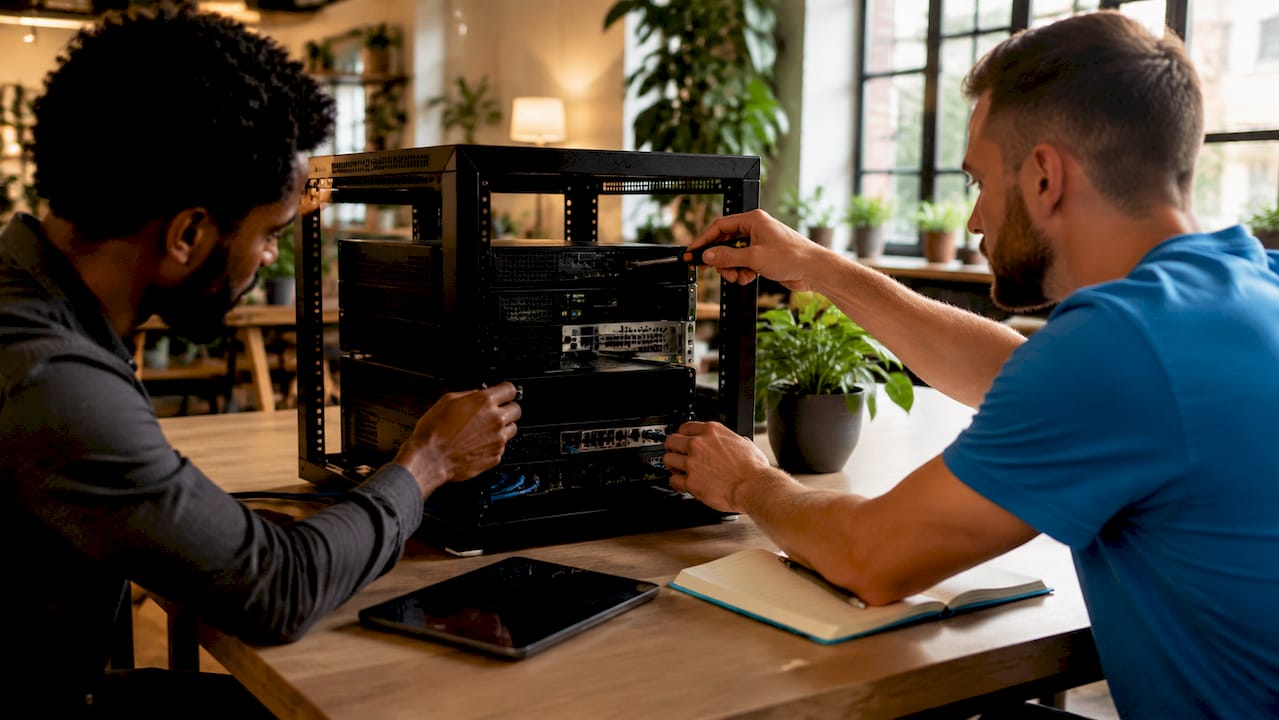 Hands connecting network cables for server setup