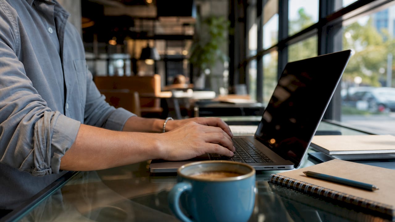 Hands typing on keyboard at shared workspace