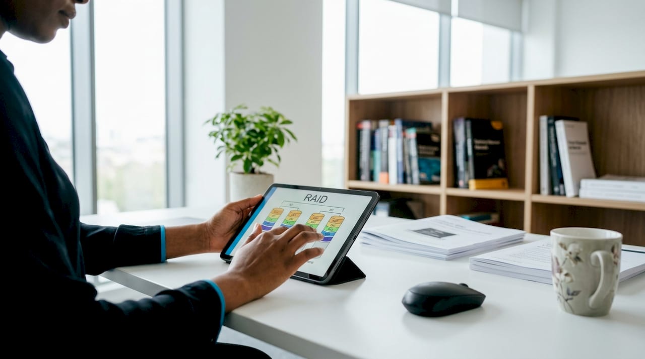 Engineer analyzing RAID configuration on tablet