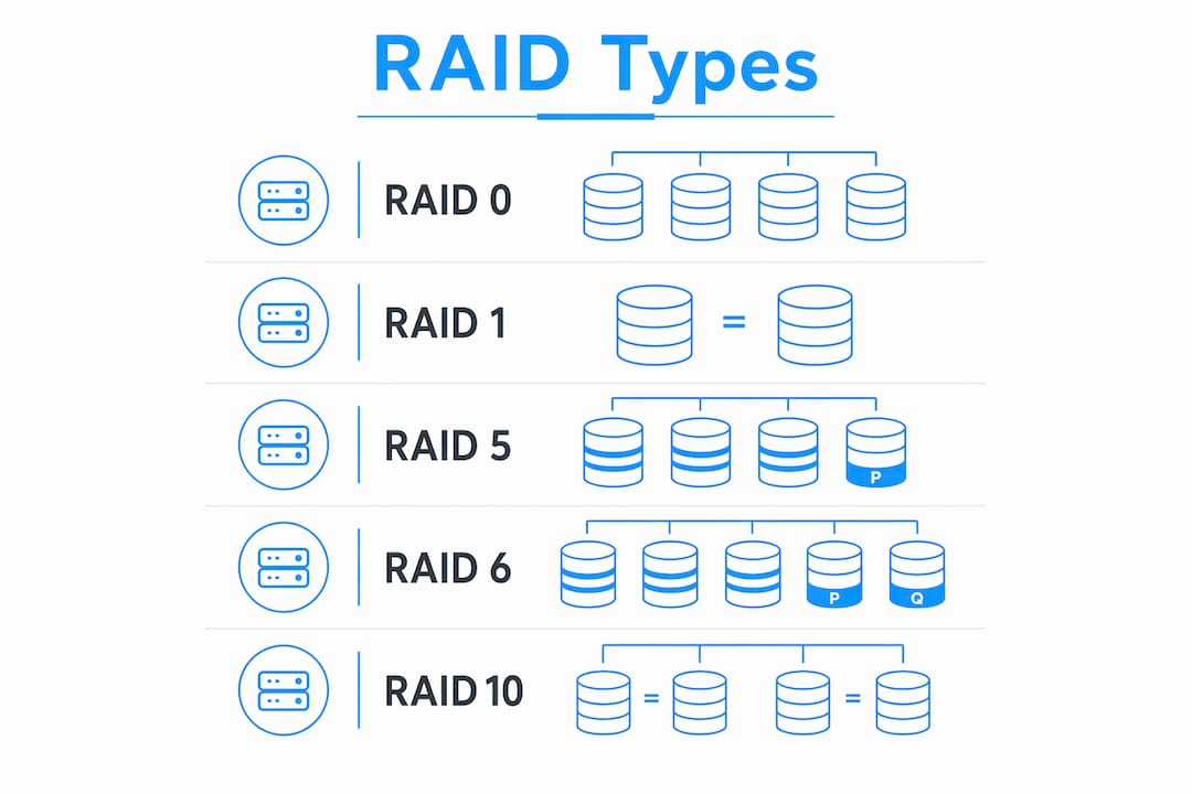 Infographic showing key RAID types and hierarchy