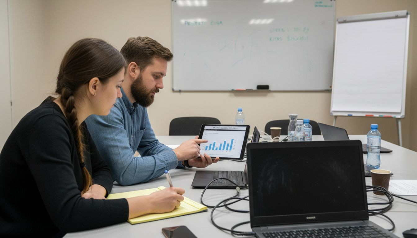 IT komandos susirinkime aptariami svetainės lankomumo rodikliai.