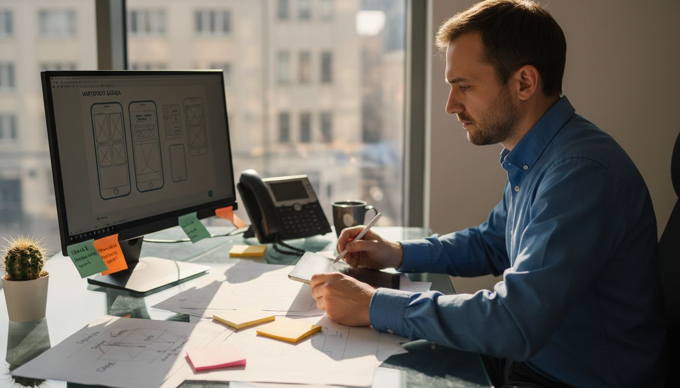 Įmonės vadovas peržiūri, kaip atrodo ir veikia dizaino sprendimas.