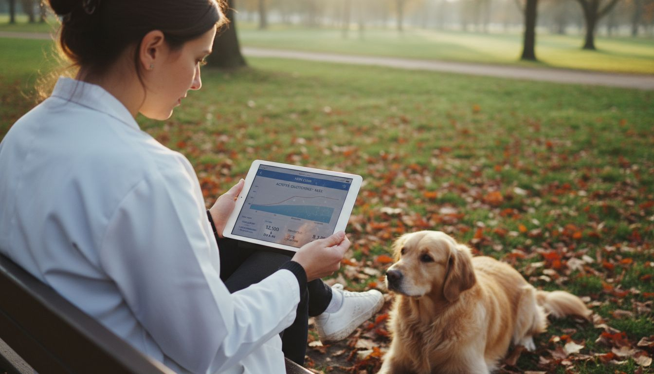 Le vétérinaire analyse les données recueillies pendant la promenade du chien.
