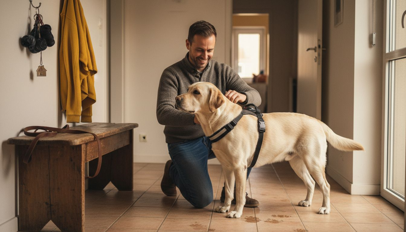 Propriétaire équipant son chien d’un harnais GPS