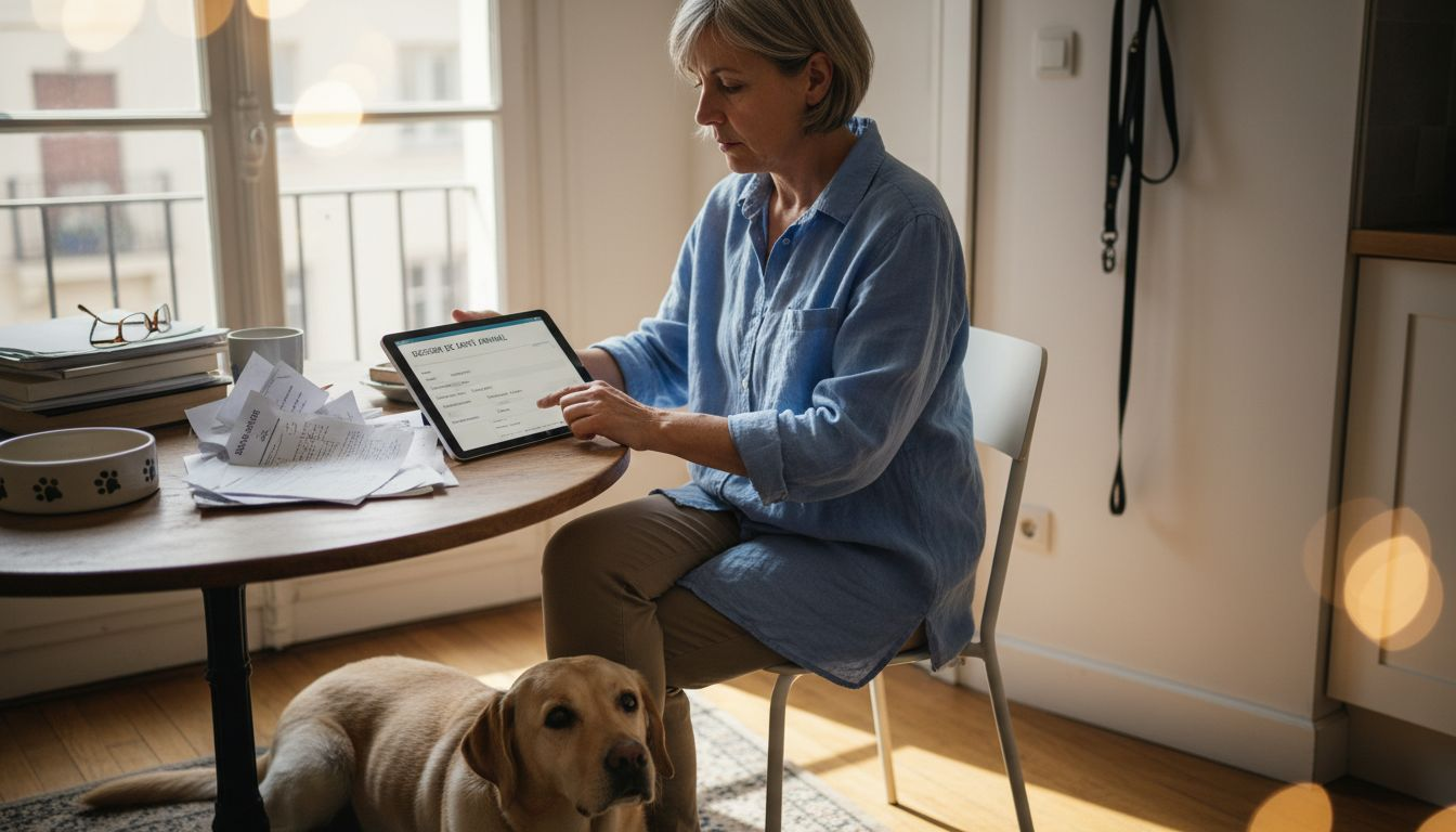 Un propriétaire qui met à jour le carnet de santé de son chien tranquillement chez lui.