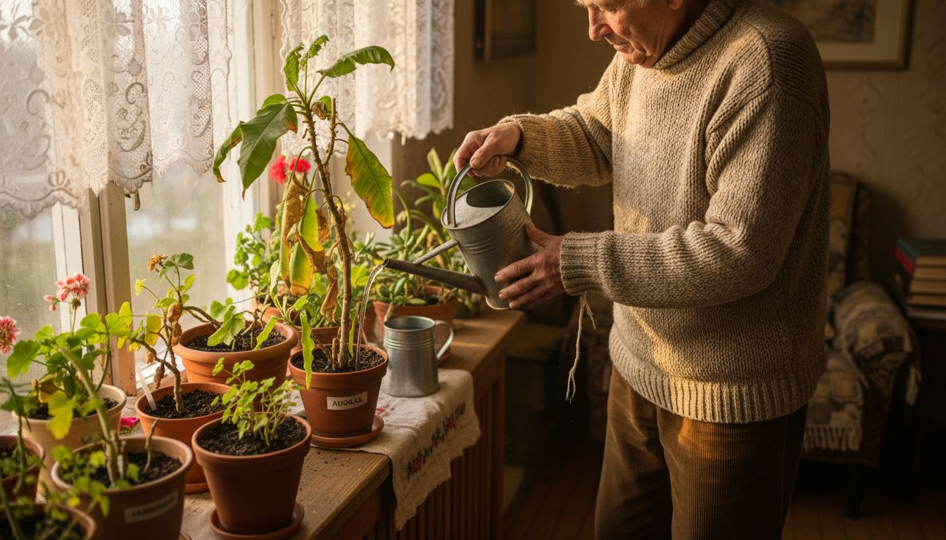 Vyresnio amžiaus vyras laisto ne pačius gražiausius kambario augalus