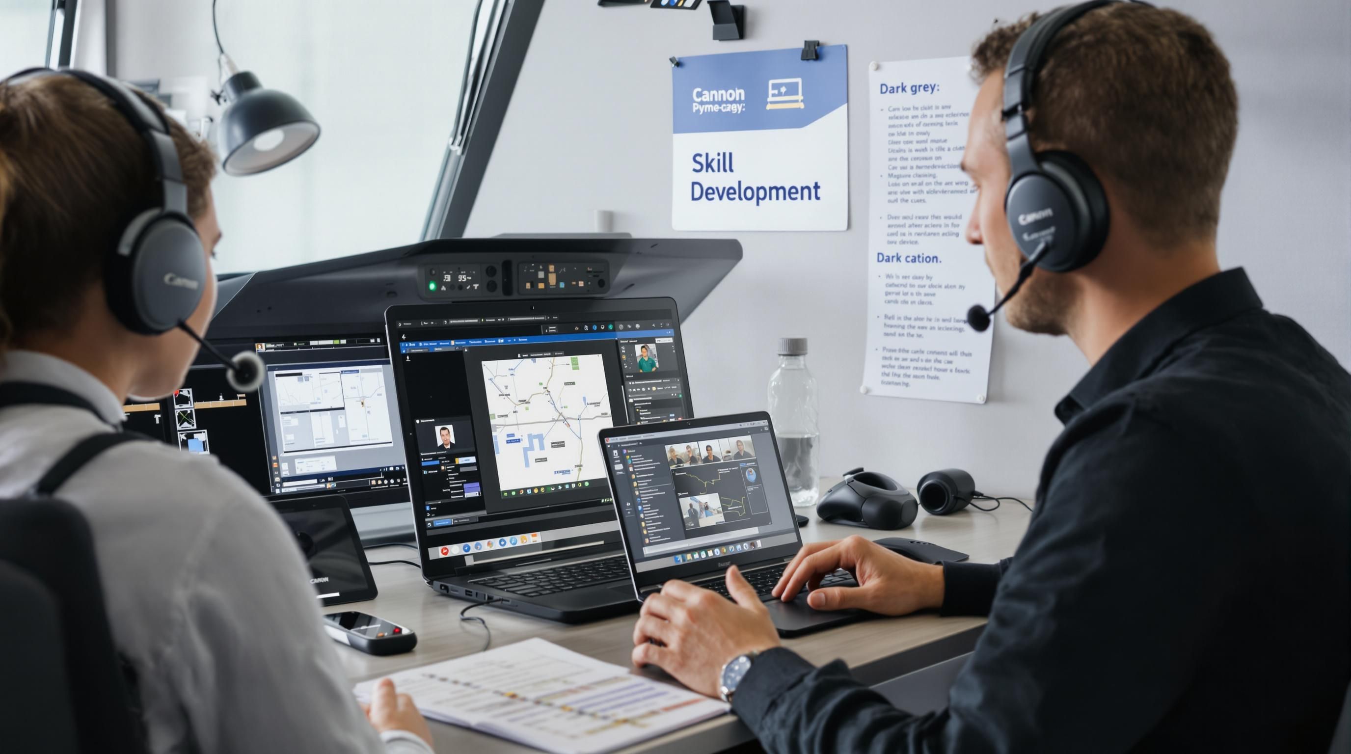 Pilots in virtual aviation training using laptops and headset collaboration tools