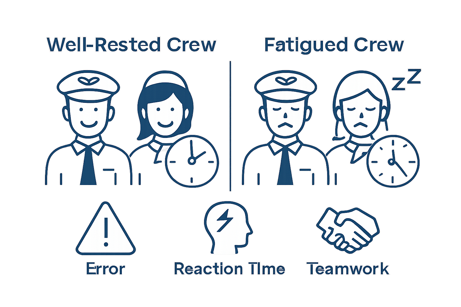 Infographic showing well-rested versus fatigued crew with simple icons and risk reductions