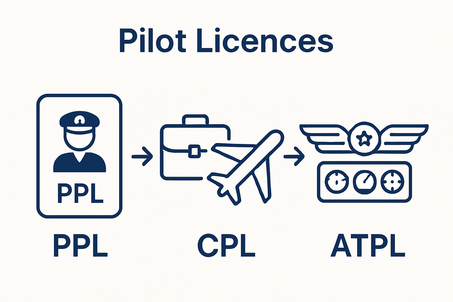Infographic showing PPL, CPL, and ATPL pilot license progression