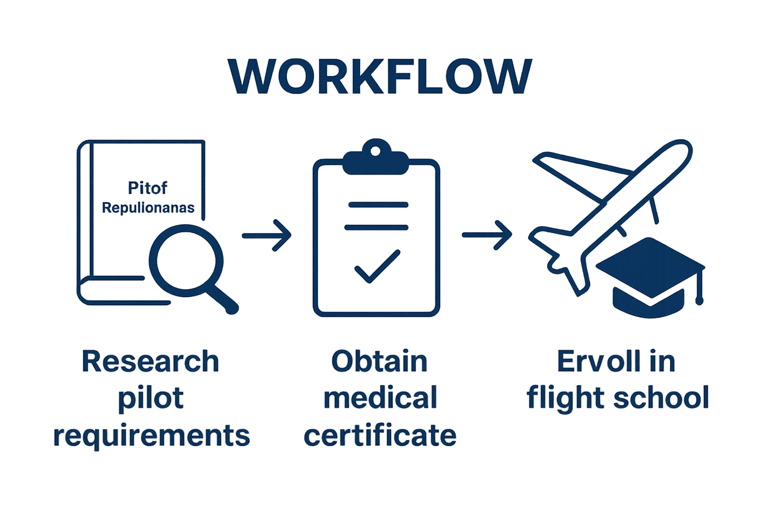 Infographic shows three steps to become a pilot: research, medical check, enroll in school