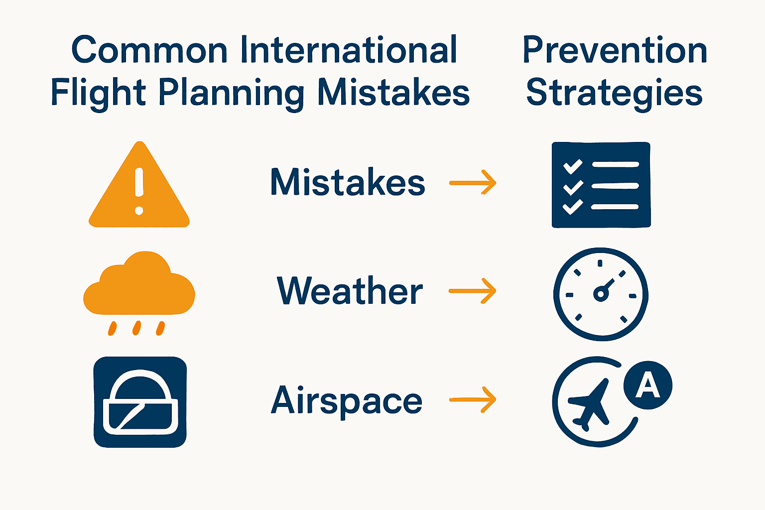 Infographic comparing common international flight planning mistakes with prevention strategies using aviation icons and arrows.
