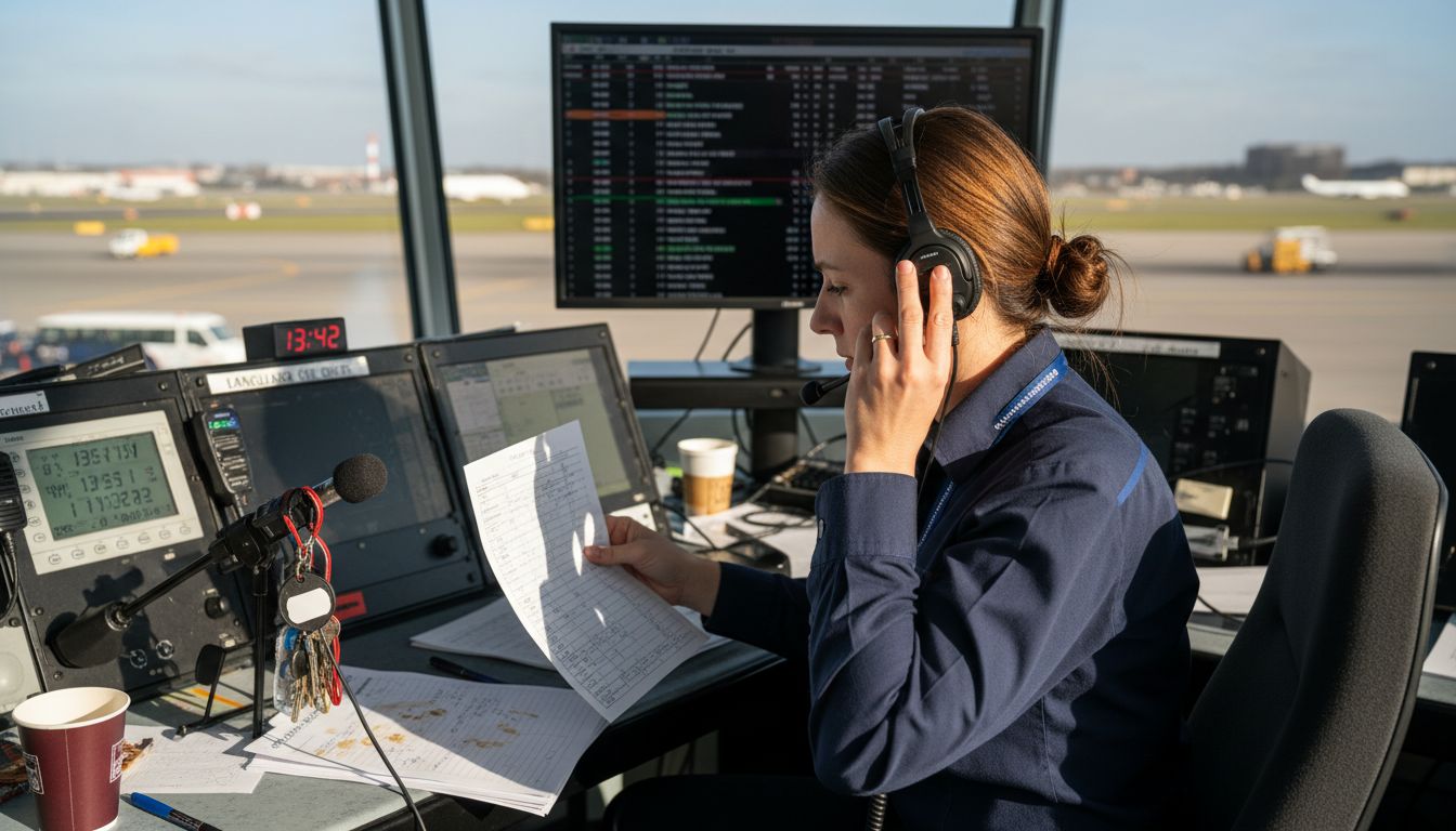 Air traffic controller reviewing English checklist