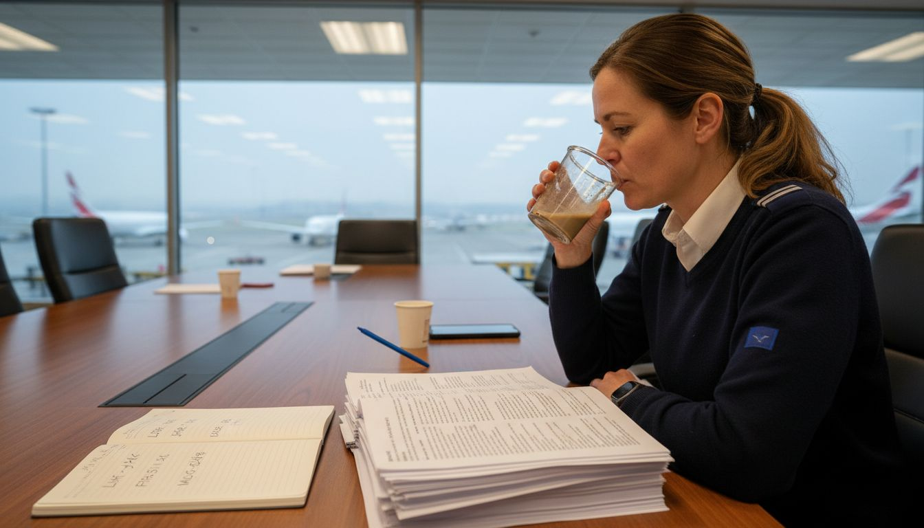 Pilot researching EASA regulations at airport table