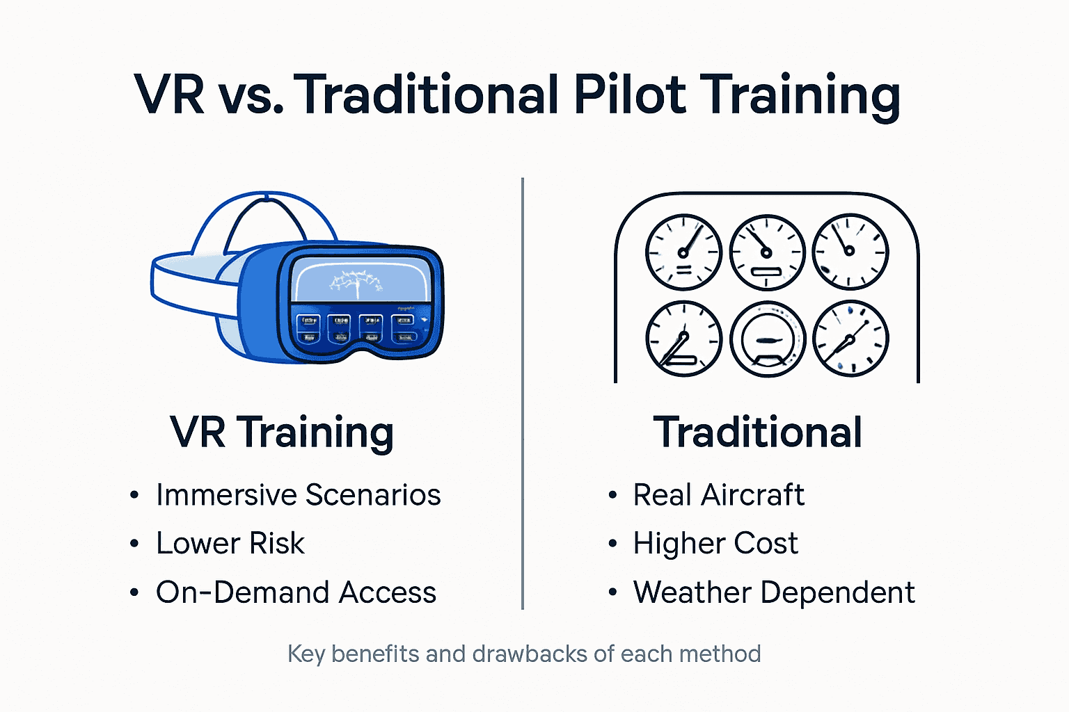 Infographic comparing VR and traditional pilot training