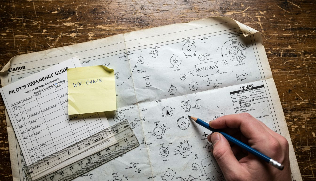 Hand pointing to legend on aeronautical chart