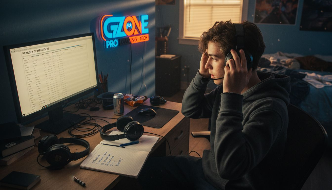 Teen gamer comparing wireless headsets