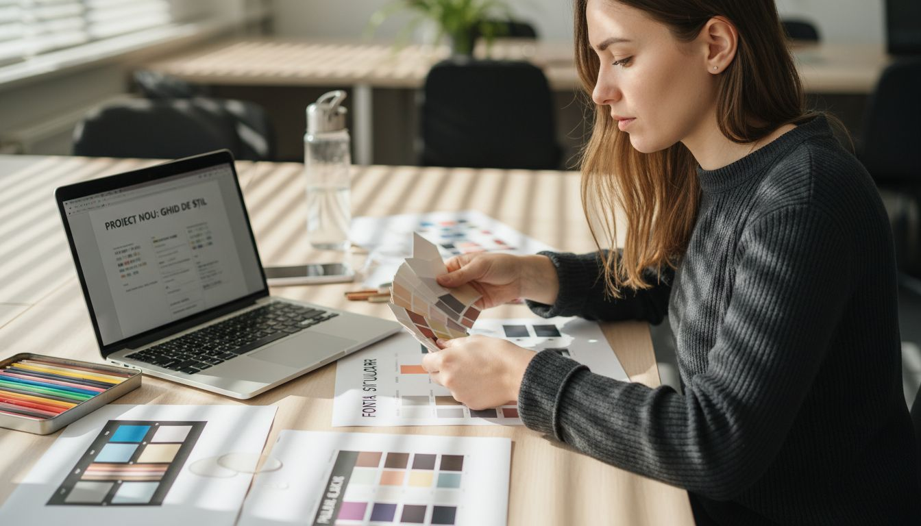 Designerul alege paleta de culori pentru site și testează diferite stiluri de fonturi.