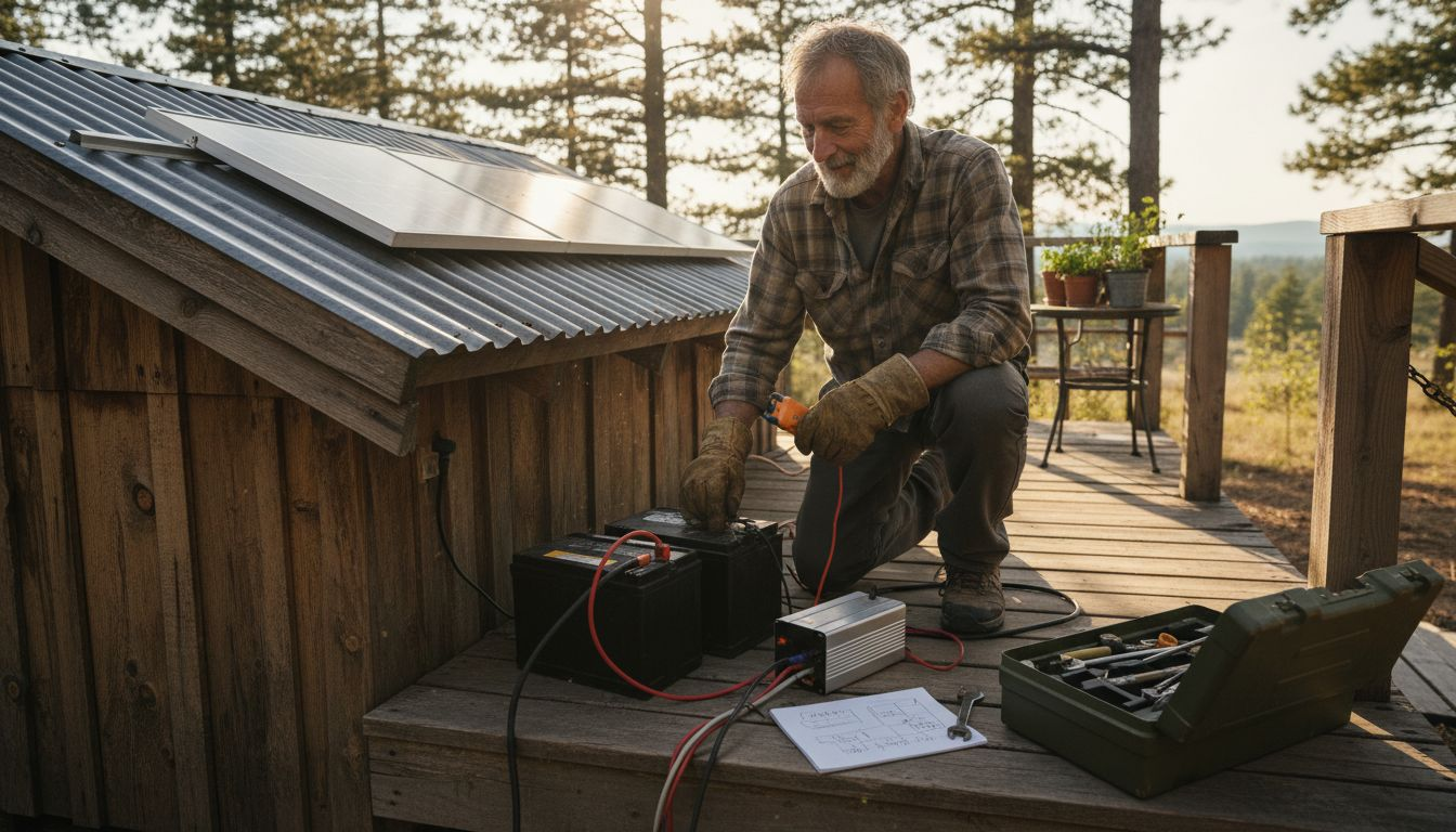 Man inspecting solar wiring on cabin porch