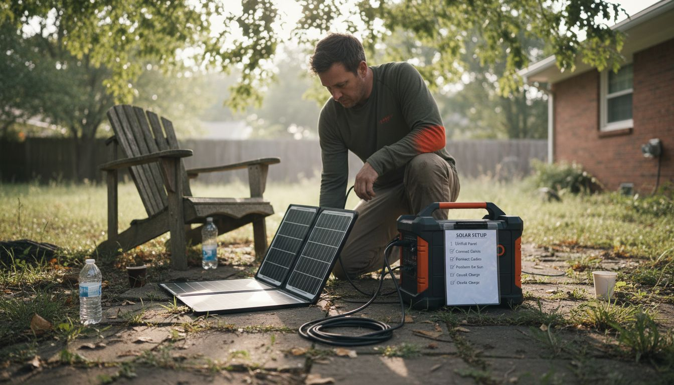 Person setting up solar power station outdoors