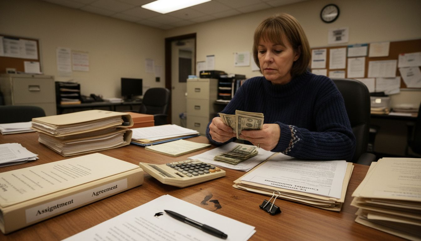 Woman counting cash with judgment paperwork