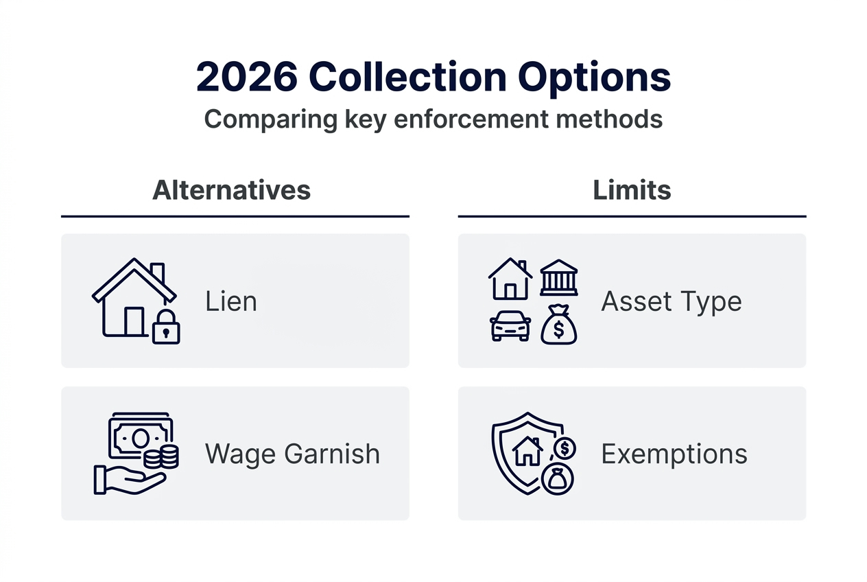 Infographic comparing lien, wage garnish, and limits
