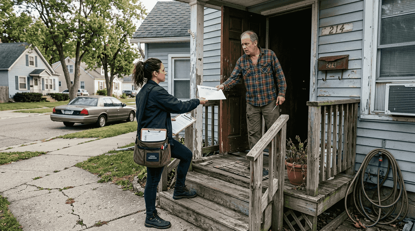 Process server delivering legal documents home