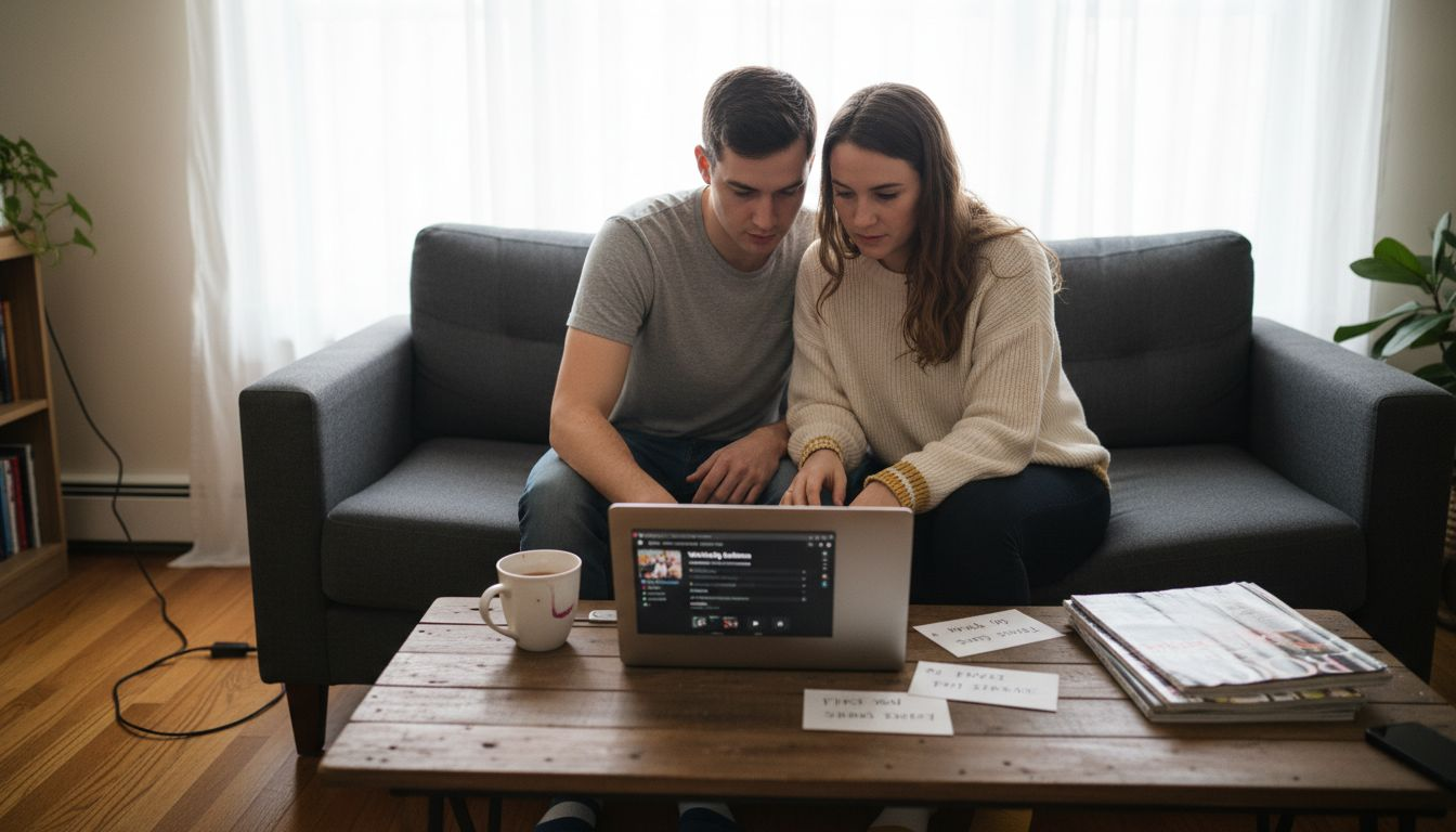 Couple choosing wedding dance music together