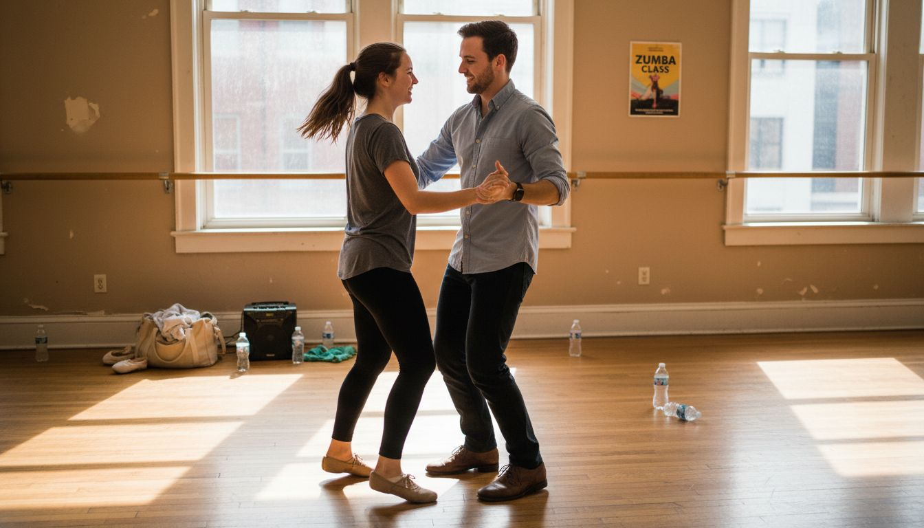 Engaged couple practicing dance in sunlit studio