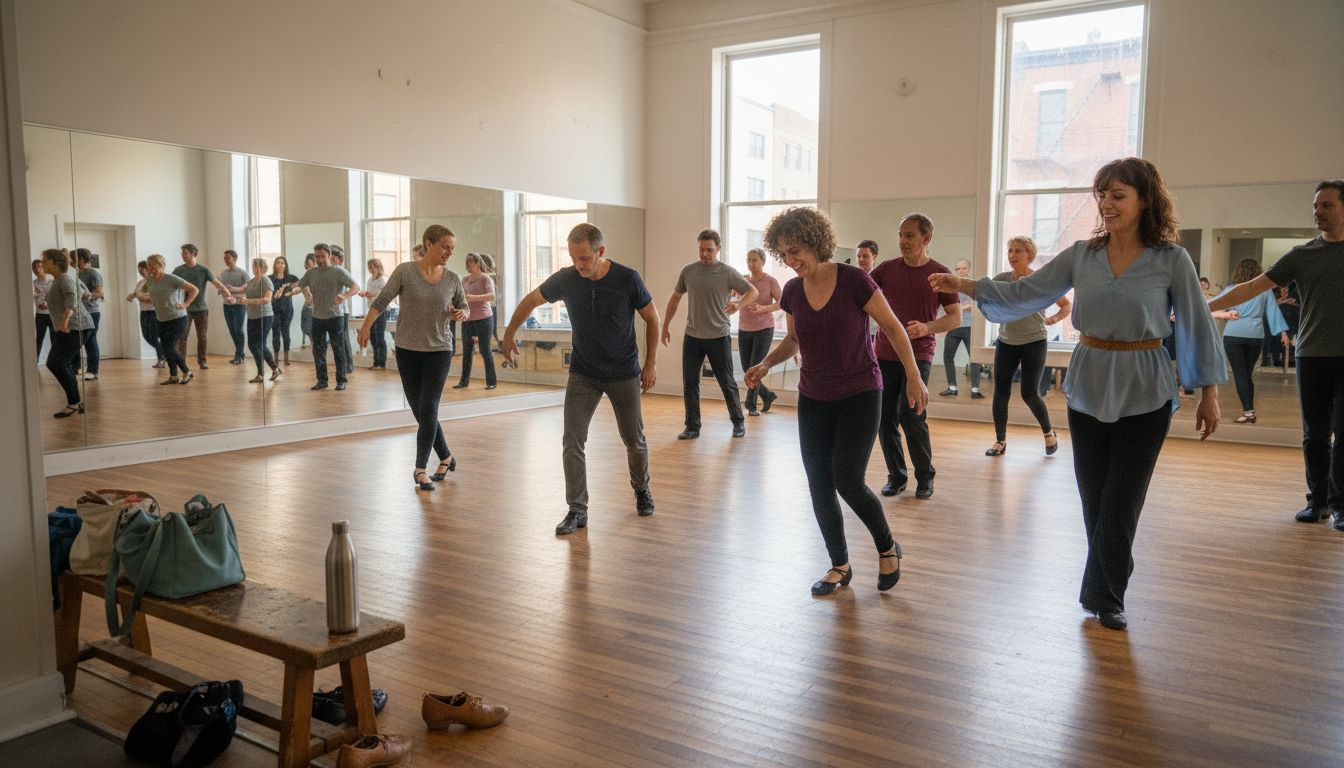 Adults learning ballroom dance in bright studio