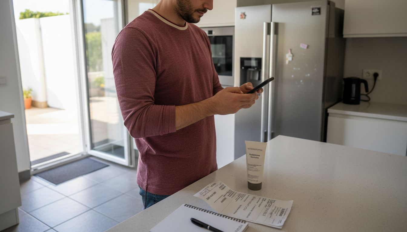 Ein Mann hält die Verpackung eines Kosmetikprodukts in der Hand und fotografiert die Seriennummer mit seinem Smartphone.