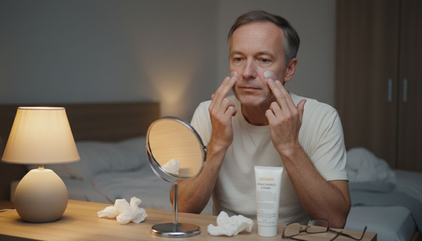 Ein älterer Herr widmet sich am Abend seiner Hautpflege-Routine.