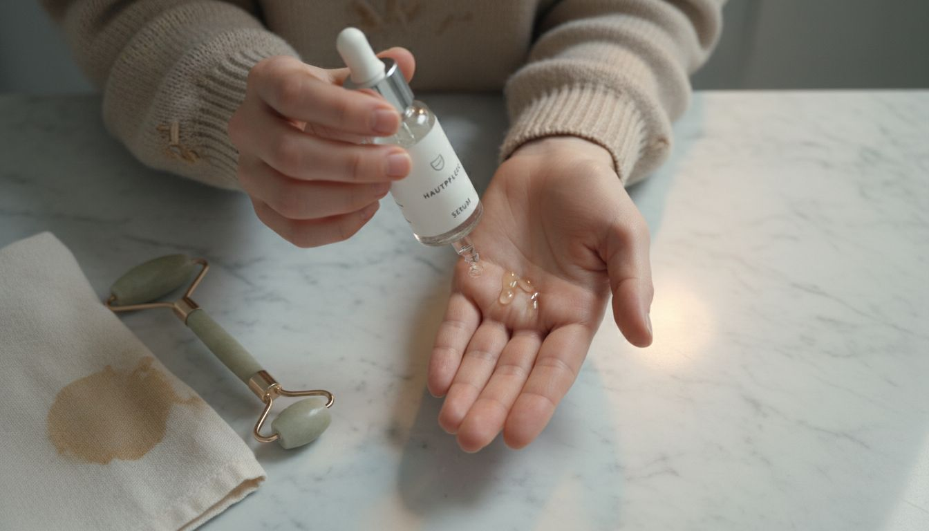 One hand gently applies nourishing regenerating serum to the skin.