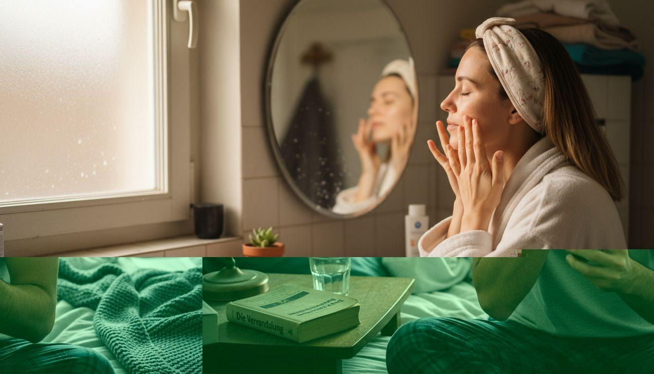 A man applies a nourishing serum to his face in the evening – part of his daily skincare routine.
