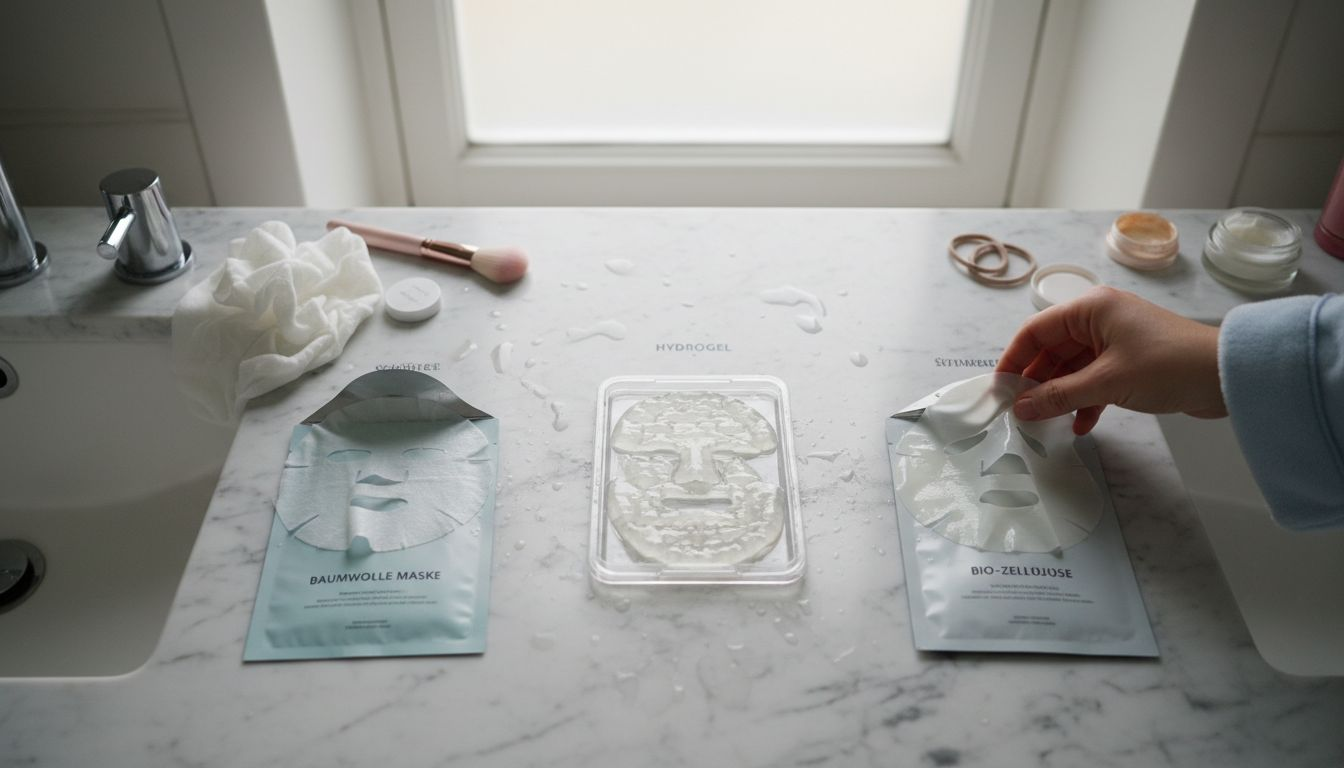 Verschiedene Tuchmasken aus unterschiedlichen Materialien liegen auf dem Waschbeckenrand im Bad bereit.