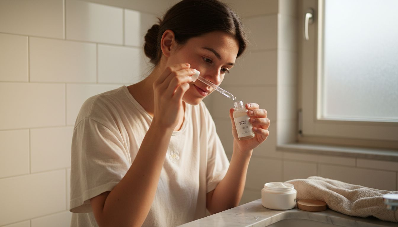 Eine Frau trägt im Badezimmer ein pflegendes Serum auf ihr Gesicht auf.