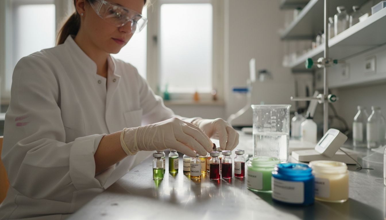 Laborantin oder Laborant mit mehreren Gläsern fermentierter Sahne