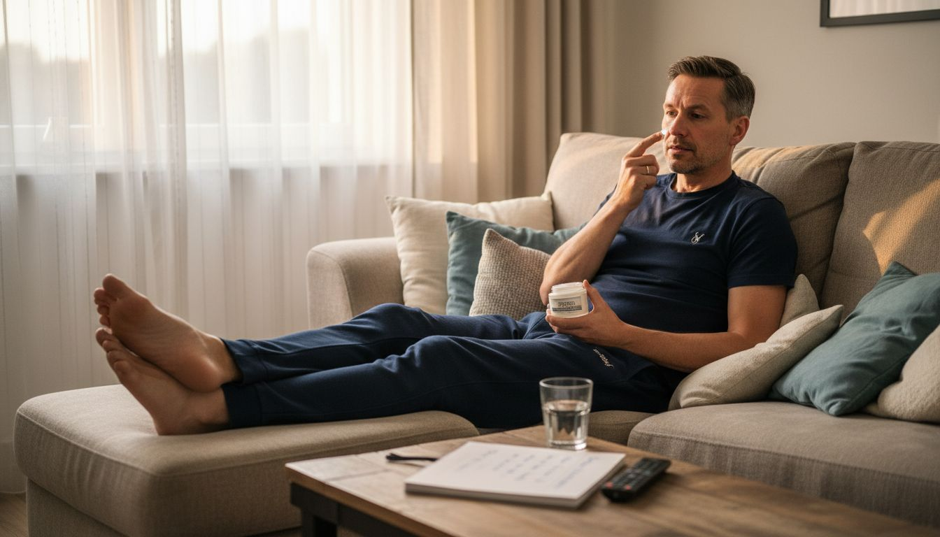 Ein Mann trägt seine Retinol-Creme gemütlich im Wohnzimmer auf.