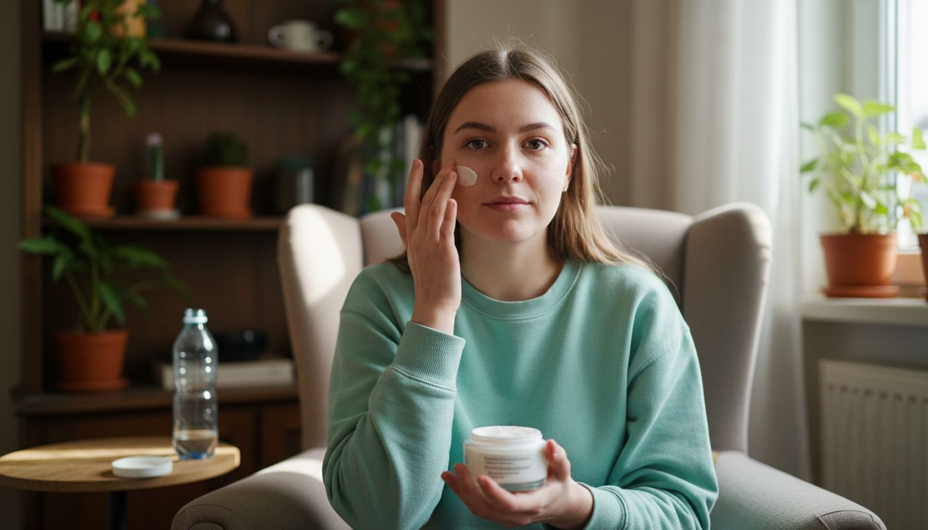 Eine junge Frau cremt ihr Gesicht mit einer feuchtigkeitsspendenden Pflege ein.