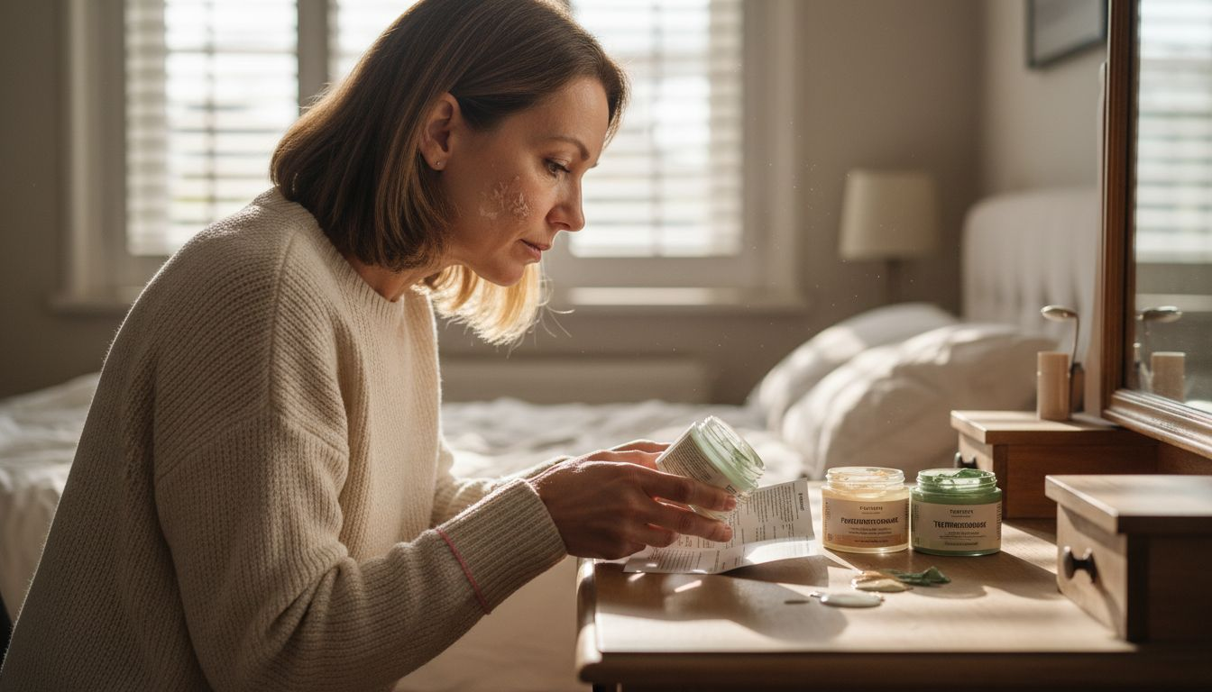 Eine Frau prüft, welche Gesichtsmaske am besten zu ihrem Hauttyp passt.
