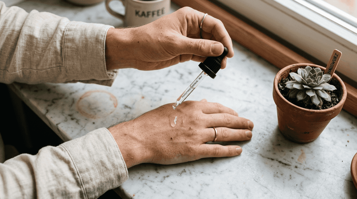 Nahaufnahme: Eine Pipette gibt einen Tropfen Serum auf die Hand.