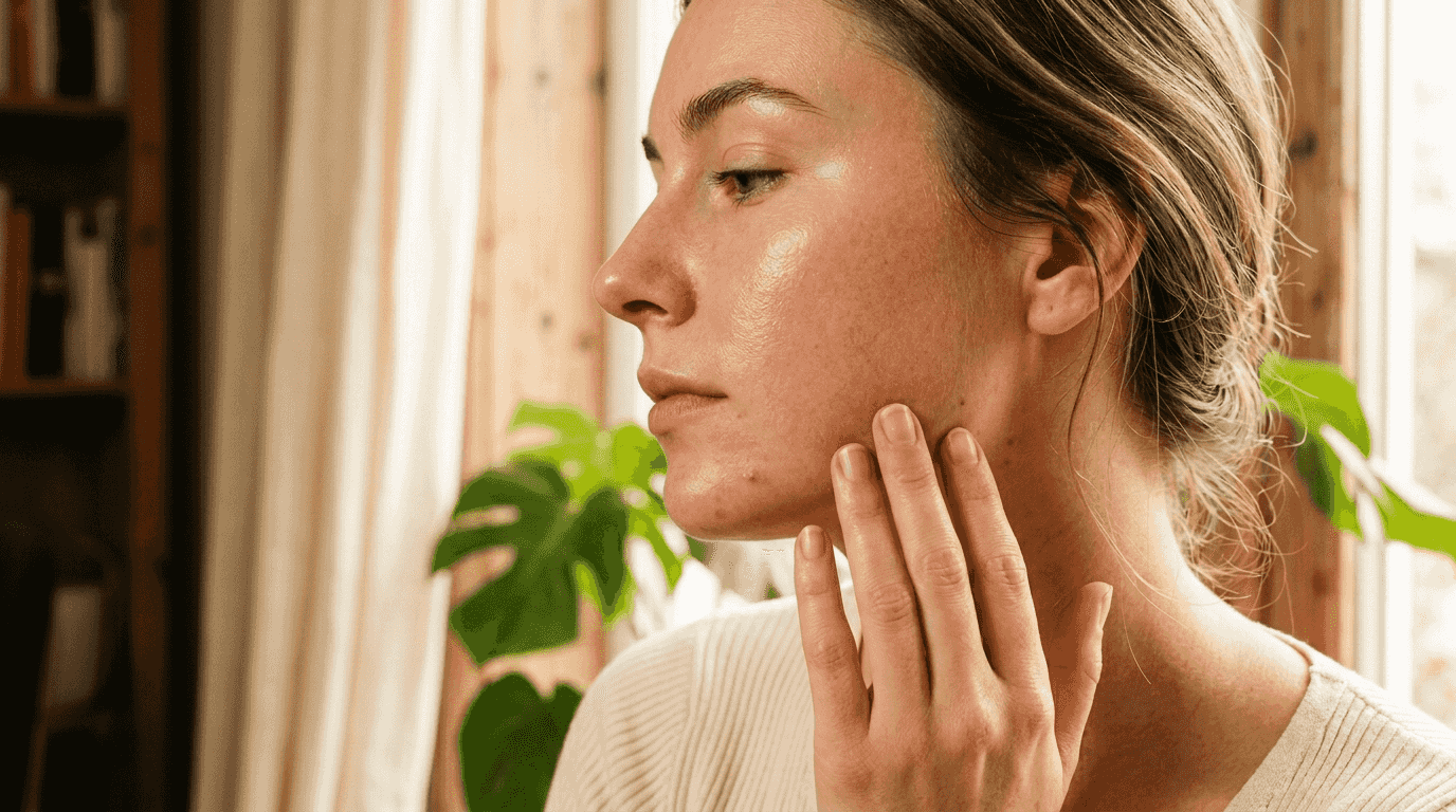 Nahaufnahme einer gut durchfeuchteten Wange, die sanft mit der Hand berührt wird.