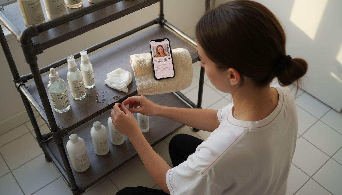 Eine Frau stellt ihre koreanische Pflegeroutine zusammen.