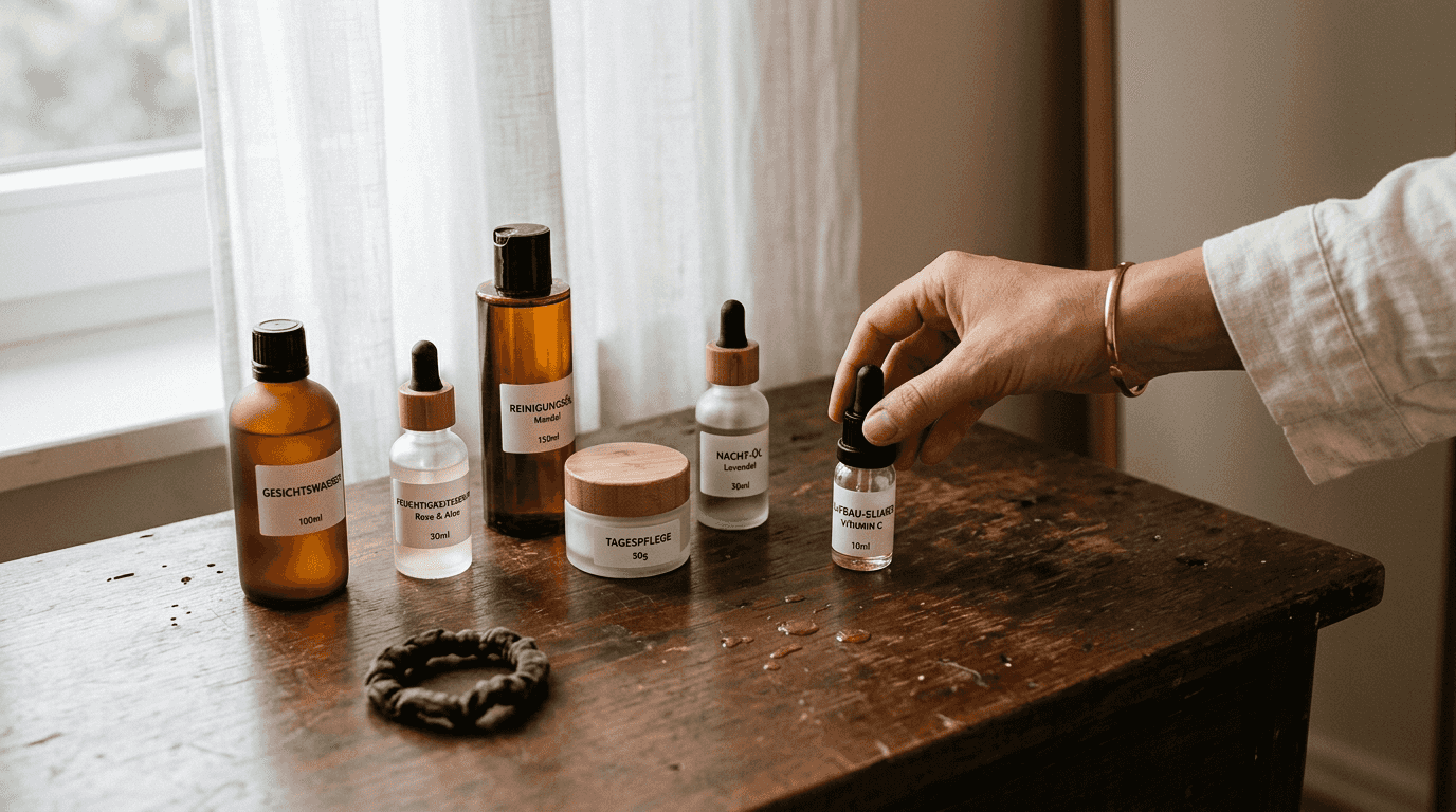 Schön arrangierte Pflegeprodukte stehen in mehreren Reihen auf einem hölzernen Schminktisch.
